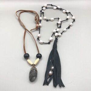 Curated bundle suede leather long boho style necklaces lot 2 pearls and stone.